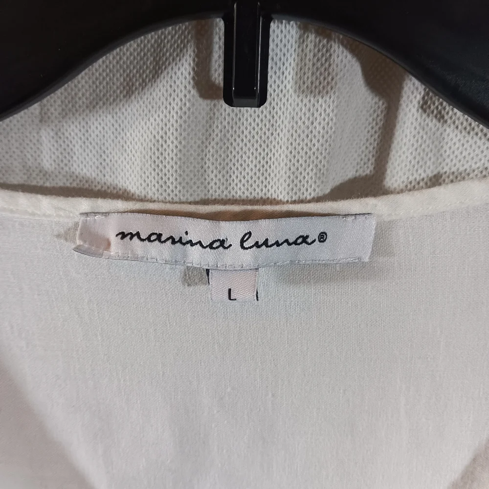 Marina Luna Womens Large Top White Linen Blend Tunic Eyelet Trim Beach Blouse